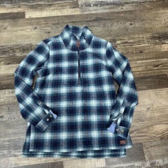 LL Bean Shirt Womens XS Flannel Plaid 1/2 Zip Front Pocket Pullover Green - Picture 1 of 11